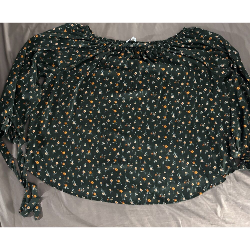 She + Sky Hunter Green Floral Off The Shoulder Blouse Tie Sleeve Boho Top